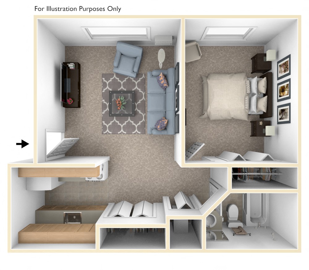 1 Bed 1 Bath One Bedroom Floor Plan at Old Farm Apartments, Elkhart, IN